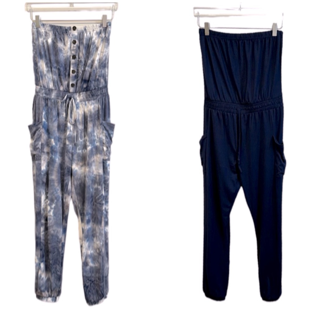 Blue Tie Dye & Navy Blue Strapless Jumpsuit with Pockets BUNDLE OF 2